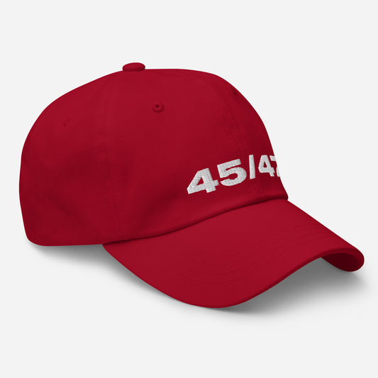 a cranberry red baseball cap with 45 / 47 embroidered on it in white