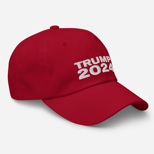 a cranberry red baseball cap with Trump 2024 embroidered on it in white