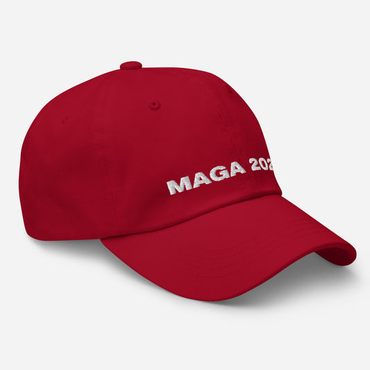 a cranberry red baseball cap with MAGA 2024 embroidered on it in white