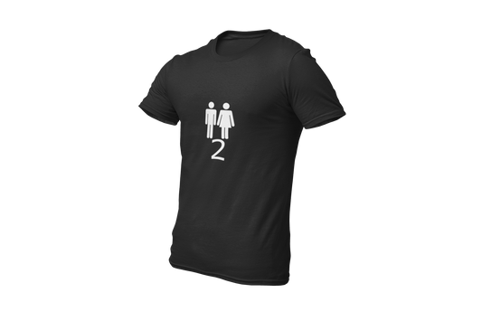 a black T-Shirt with a Male and a Female figure and the Number 2 printed on it in white impressing the existence of two Genders