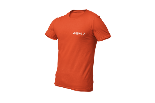 a T-Shirt in red color with 45/47 printed on it